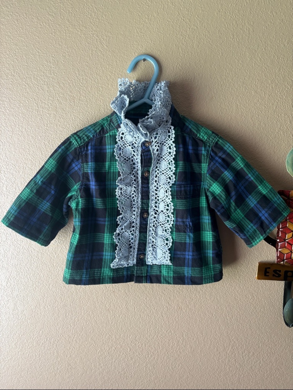 Carter's Green and Blue Plaid Button-Down Shirt with White Lace Trim